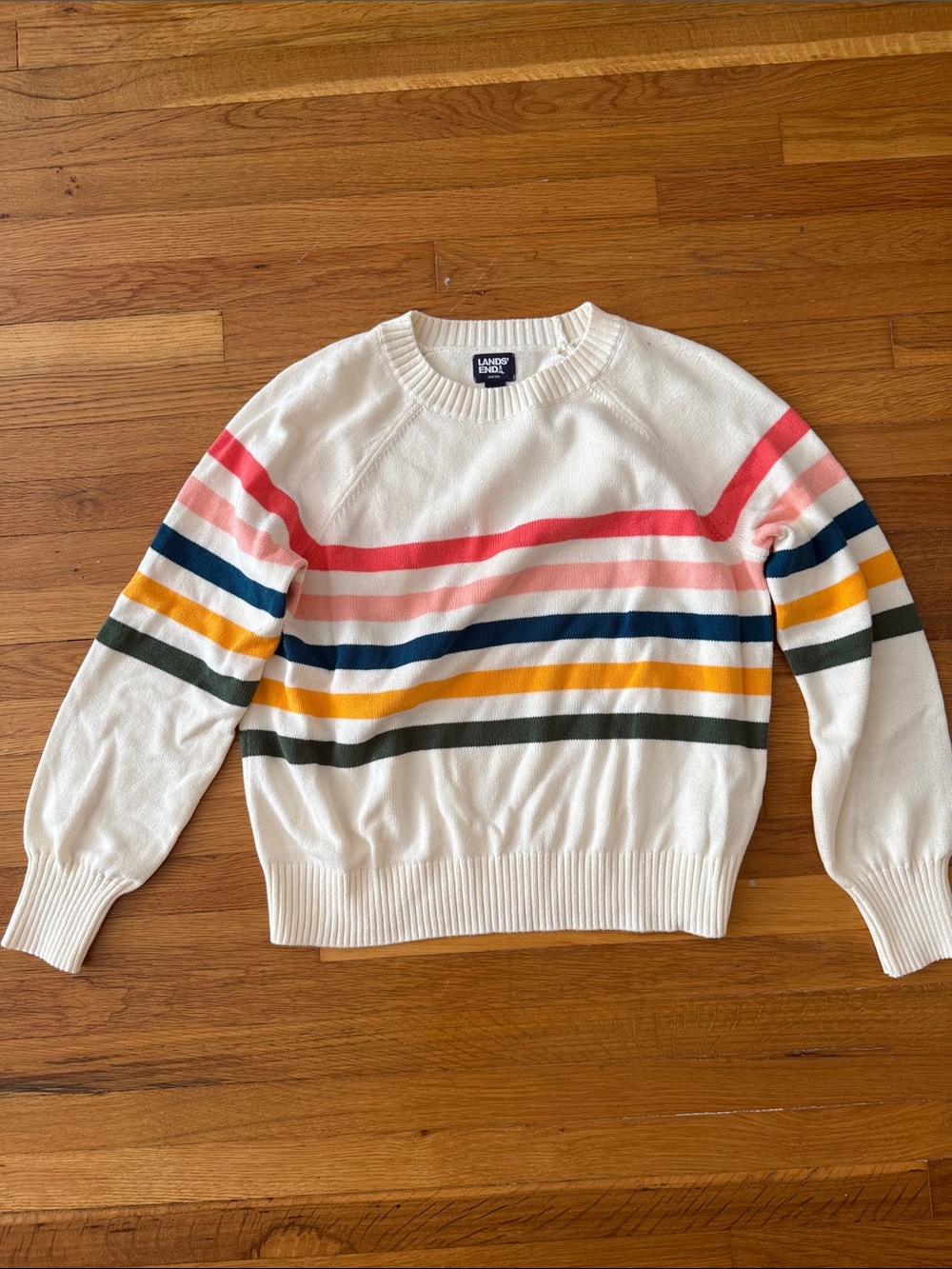 Lands' End White Crewneck Sweater with Pink, Red, Navy, Yellow & Olive Stripes